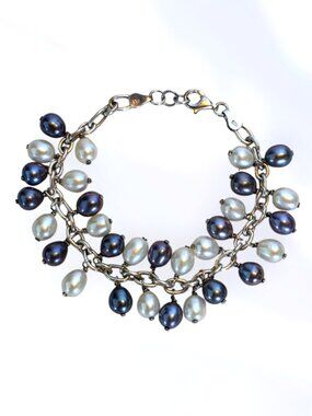 Vintage Italian 925 Sterling Silver Two-Strand Genuine Pearl Statement Bracelet